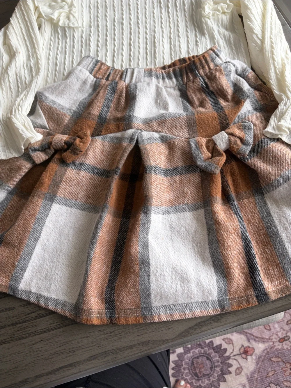 Girls Cream Knit Top and Brown Plaid Skirt Set -